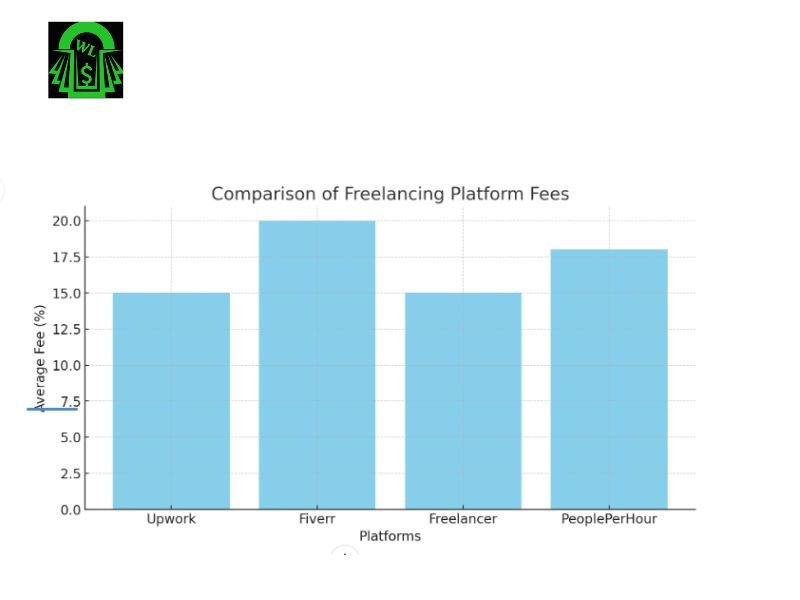 Chart comparing average fees charged by freelancing platforms, including Upwork, Fiverr, Freelancer, and PeoplePerHour.